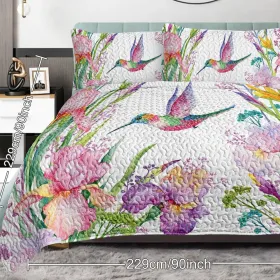 3pcs Colorful Bird Flower Design Quilt Set Soft Warm Bedding Set Include 1 Quilt And 2 Pillowcases For Home Bedroom Decor All Season