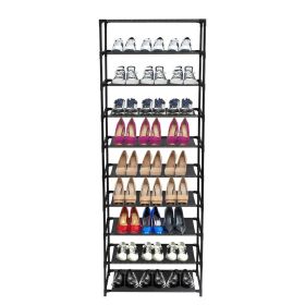 10 Tier Shoe Rack for 30 Pairs Freestanding Modular Organizer with Black Gray Tubes and Fabric Shelves Space Saving Shoe Storage for Entryway Closet D