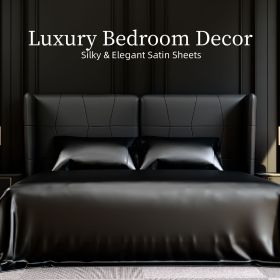 Satin Bed Sheets, King Size Sheets Set, 4 Pcs Silky Bedding Set with 15 Inches Deep Pocket for Mattress (King, Black)