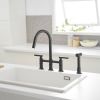 Modern Double Handle 4 Holes Deck Mount Bridge Kitchen Faucet With Side Sprayer Sink Faucet 360 Swivel Spout In Black