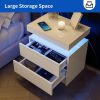 Nightstand LED Bedside Table Cabinet Lights Modern End Side with 2 Drawers for Bedroom (White)